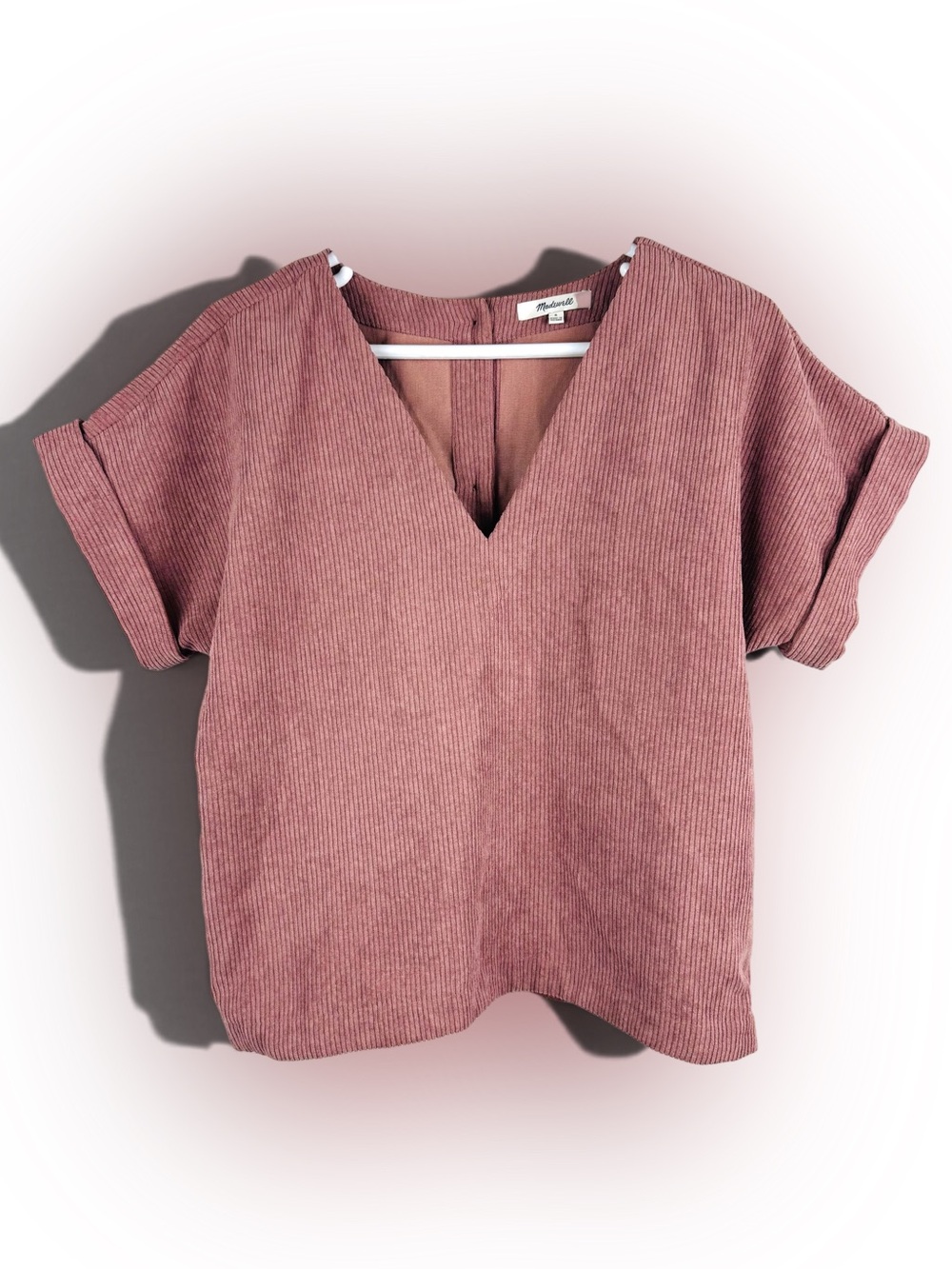 Madewell Corduroy Cropped Short Sleeve V-Neck Button Back Top Fig Mauve Size S